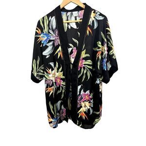 KONA SOL/TARGET Women's Kimono Style Tropical Print Swim Coverup Black Small